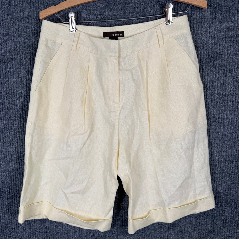 Randi M Linen Bermuda Shorts Womens 4 Cream Pleated Cuffed High Rise Old Money
